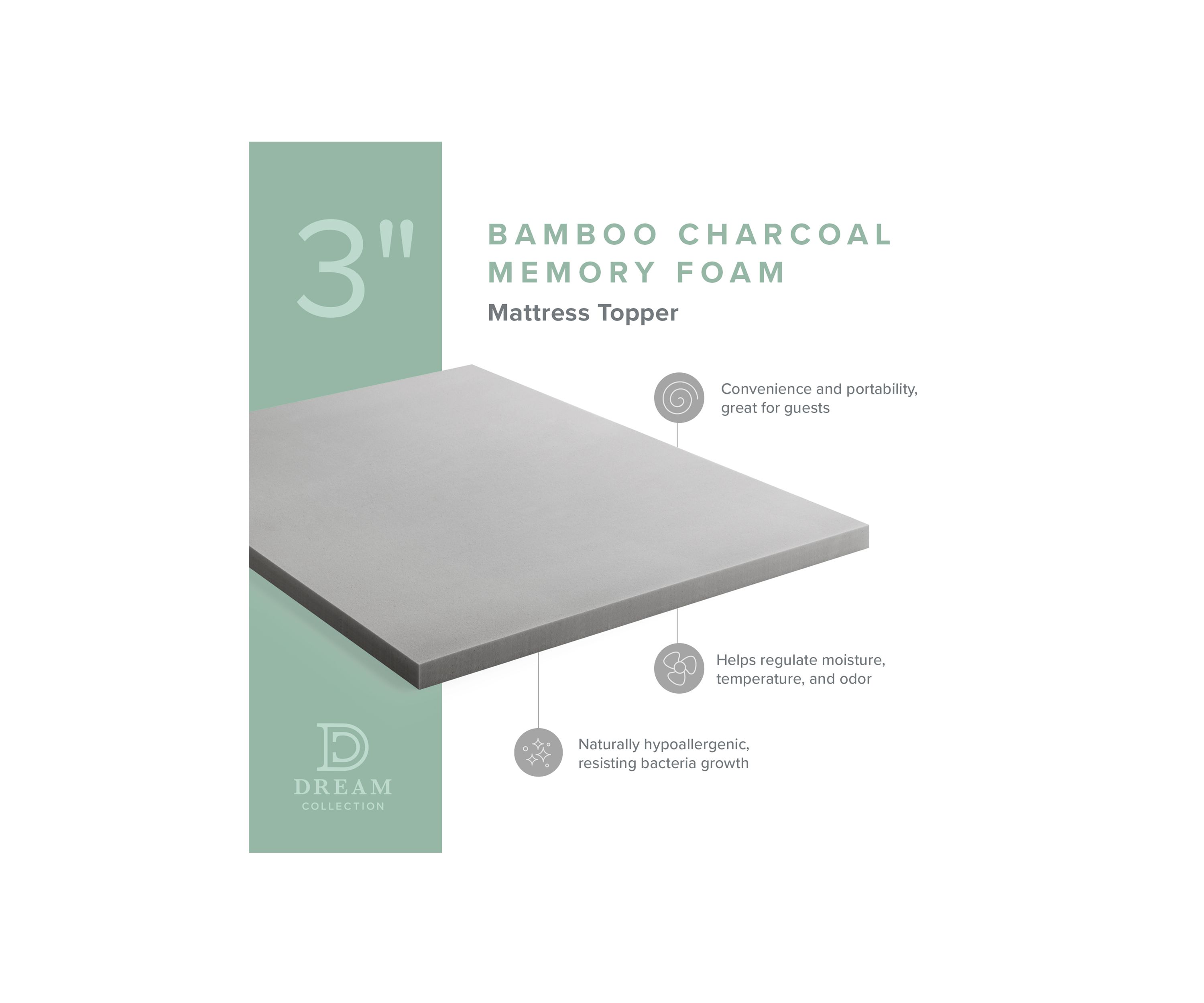 Dream Collection 3 Inch Bamboo Charcoal Memory Foam Topper