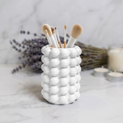 Better Trends Nova Bathroom Accessories Collection Tumbler 100% Resin With Bubble Pattern Finish For Vanity Decor & CountertopBeige, White