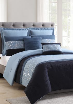 MHF Home Madison Blue and Silver Foil Embellished 7 Piece Comforter Set ...