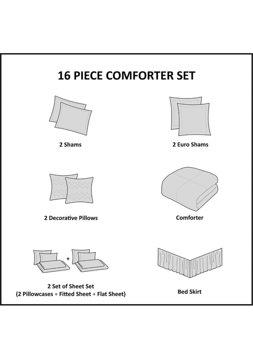 Zara 16 Piece Jacquard Complete Bedding Set with 2 Sheet Sets