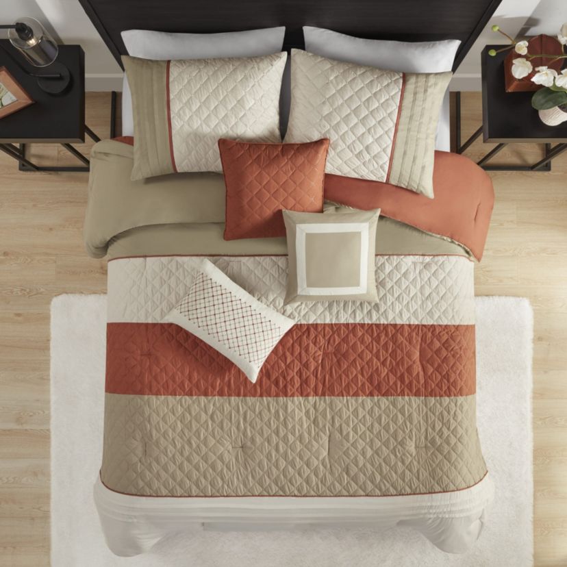Jenson 7 Piece Color Block Stripe Comforter Set with Throw Pillows