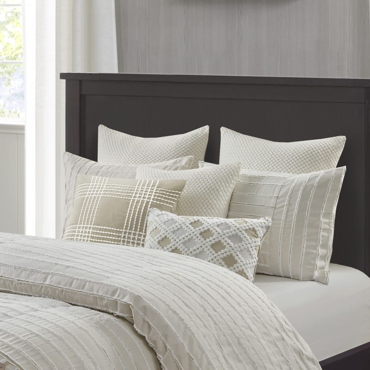 Essence Oversized Cotton Clipped Jacquard Comforter Set with Euro Shams and Throw Pillows