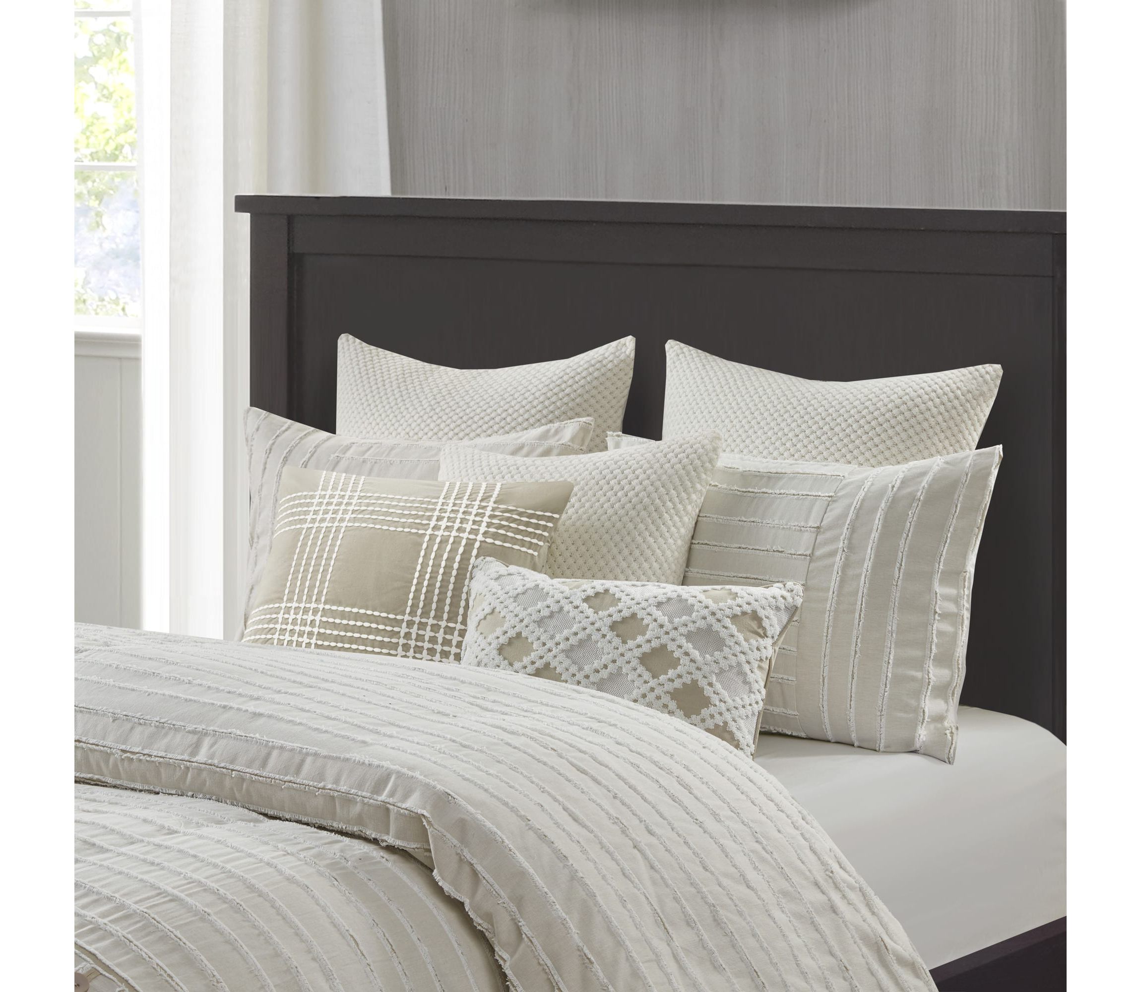 Essence Oversized Cotton Clipped Jacquard Comforter Set with Euro Shams and Throw Pillows