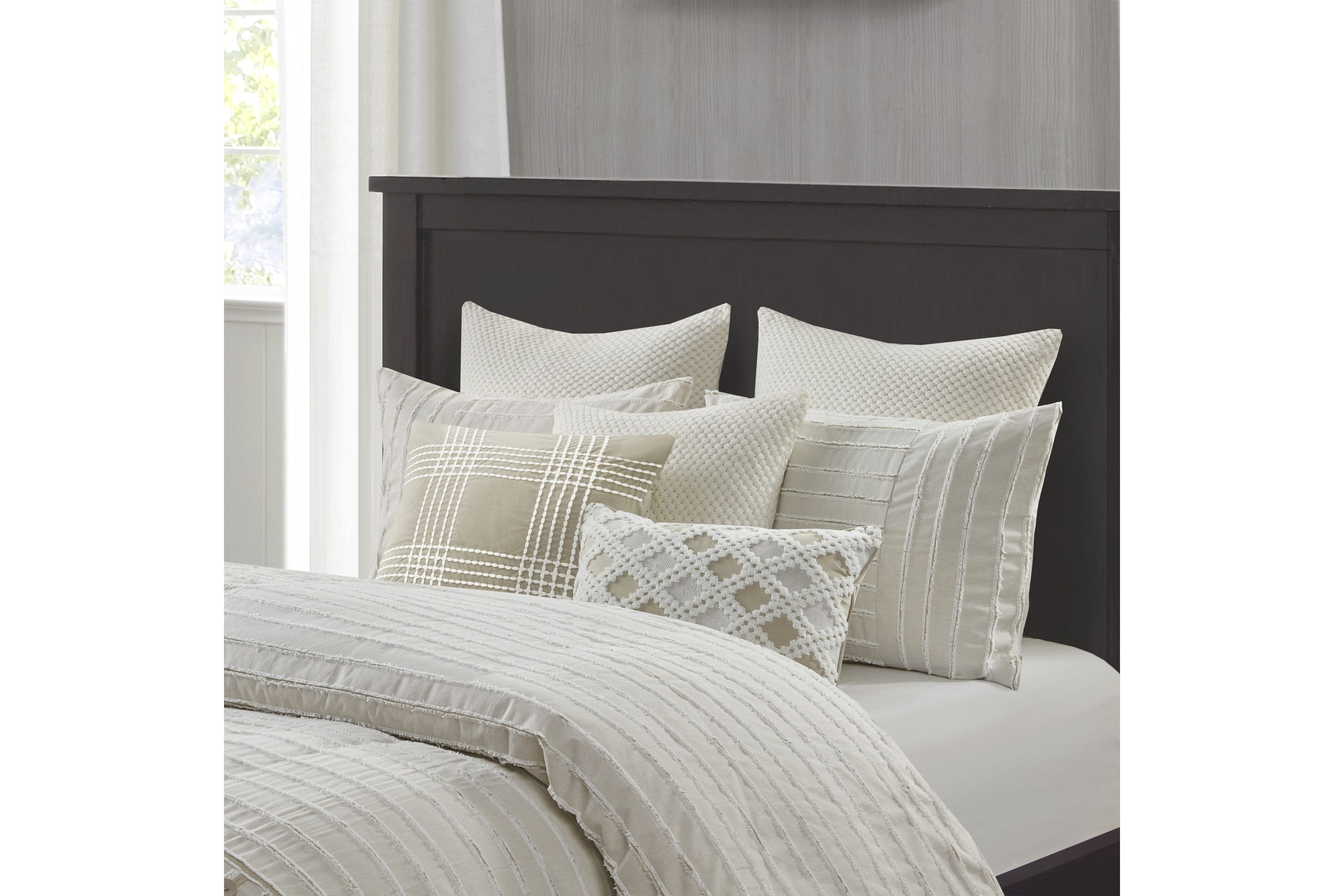 Essence Oversized Cotton Clipped Jacquard Comforter Set with Euro Shams and Throw Pillows