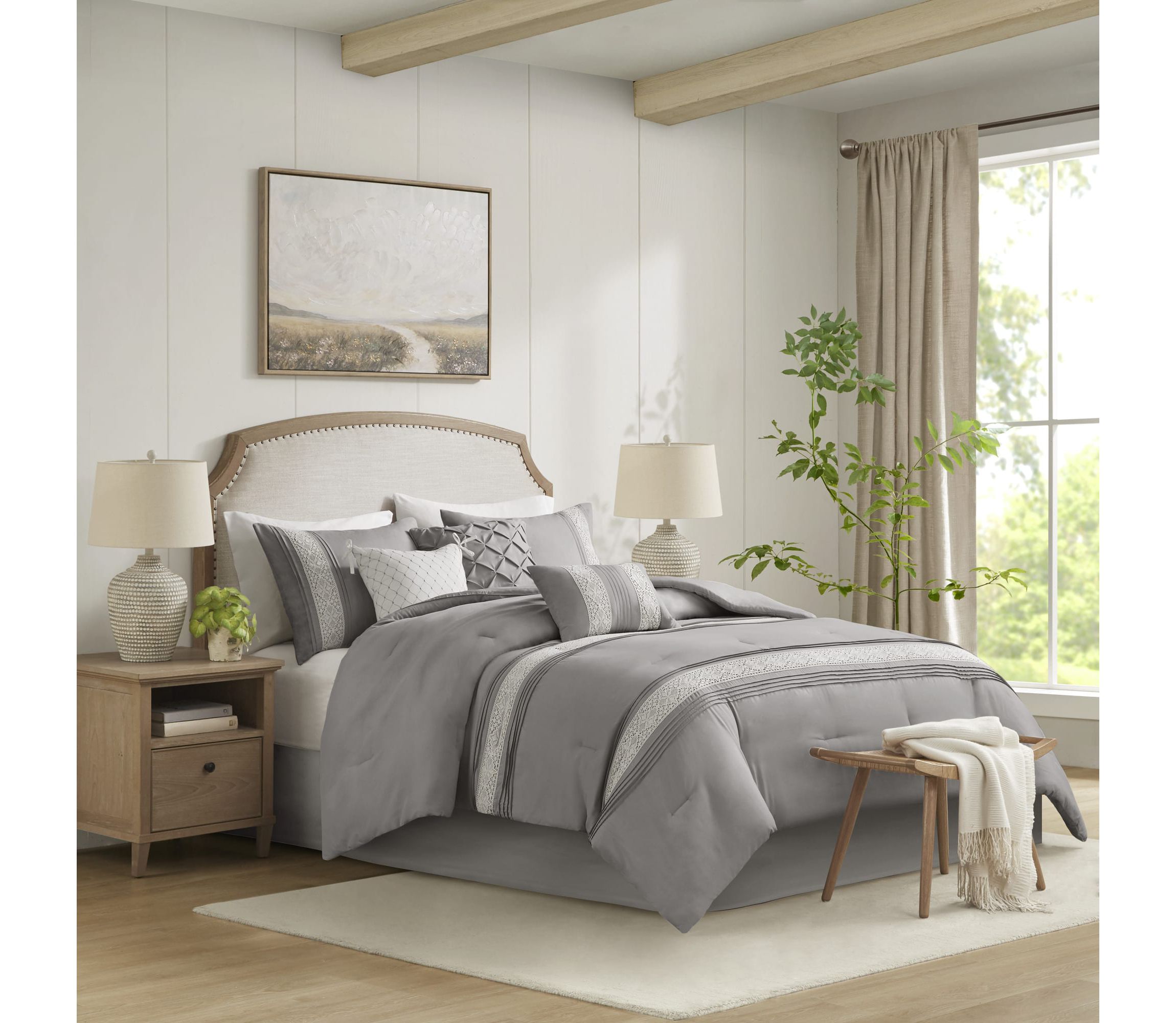 Lacey 7 Piece Lace Trim Comforter Set with Throw Pillows