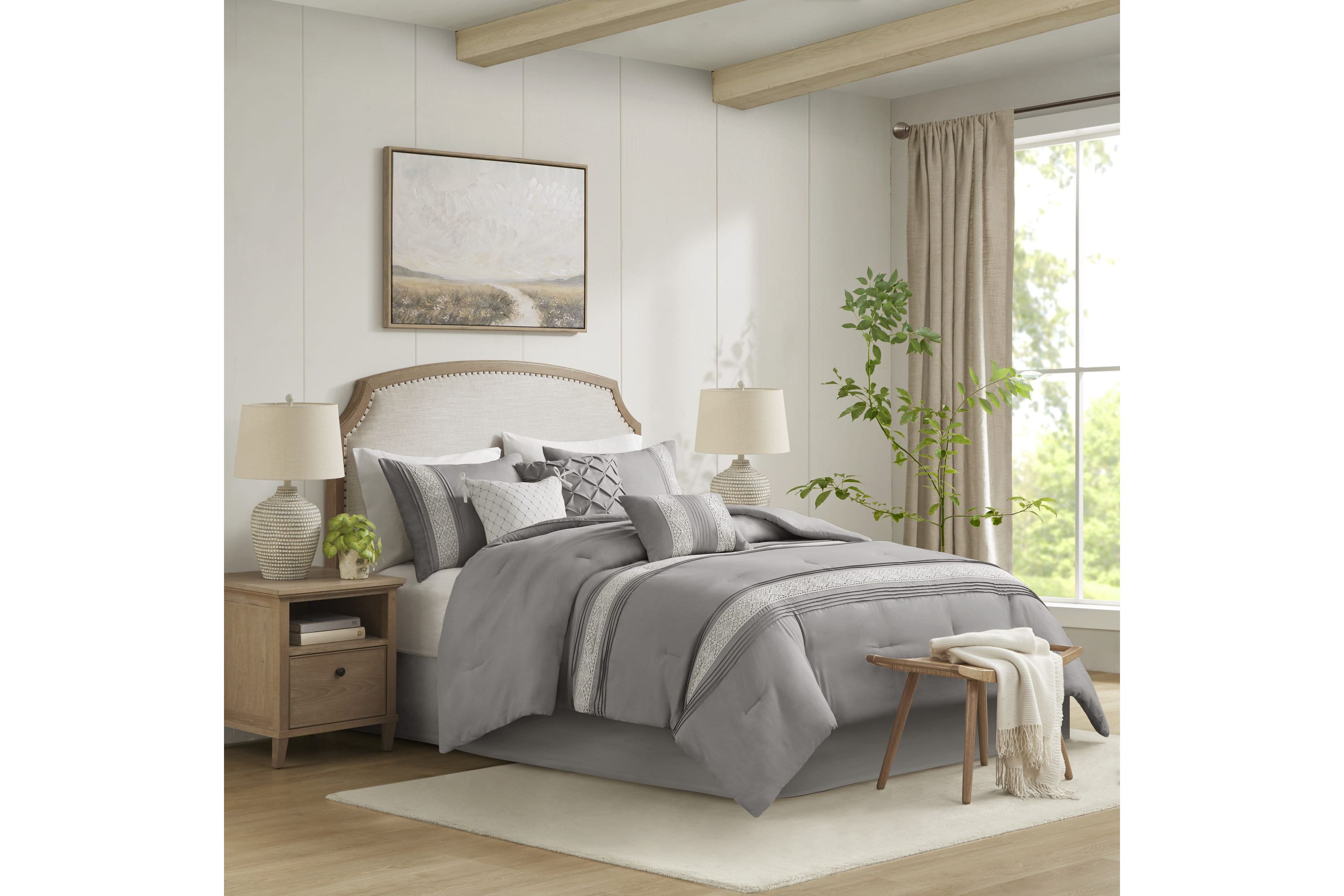 Lacey 7 Piece Lace Trim Comforter Set with Throw Pillows