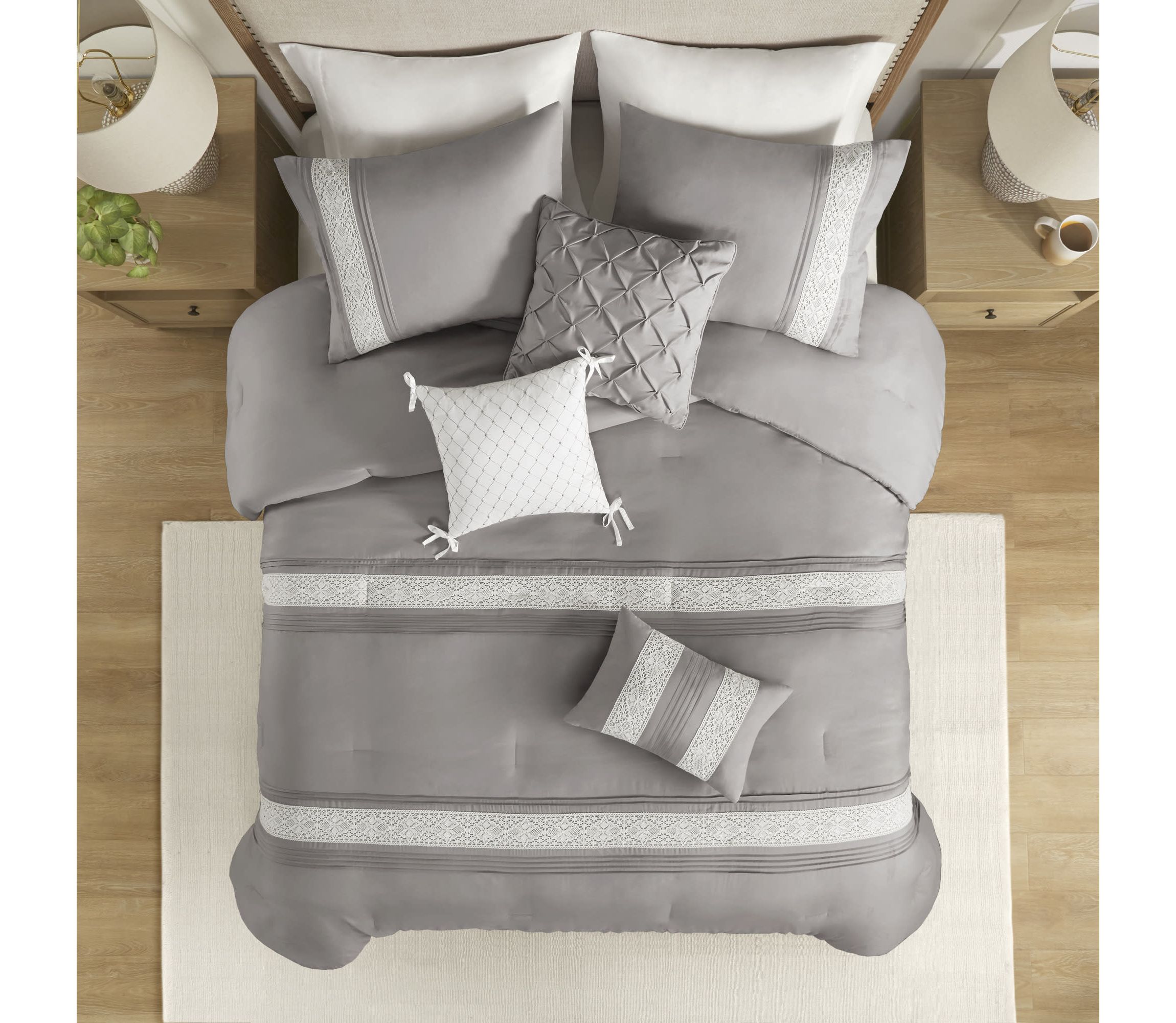 Lacey 7 Piece Lace Trim Comforter Set with Throw Pillows