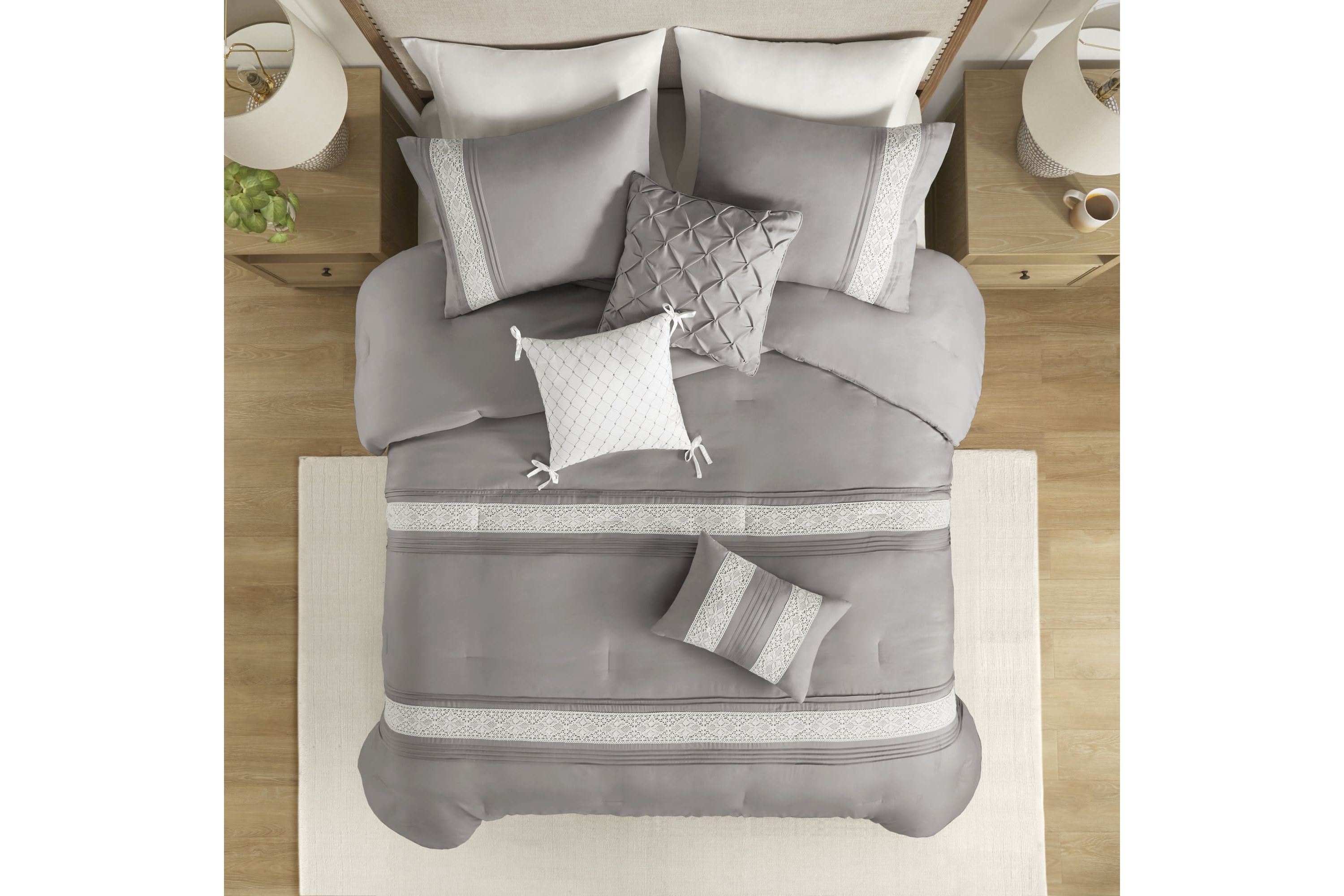 Lacey 7 Piece Lace Trim Comforter Set with Throw Pillows