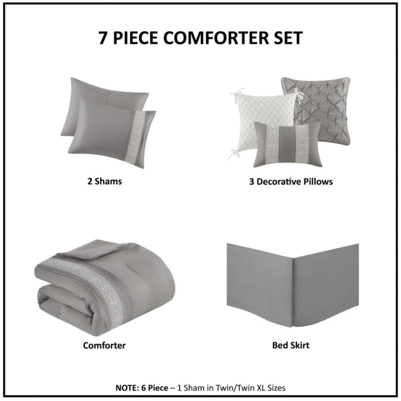 Lacey 7 Piece Lace Trim Comforter Set with Throw Pillows