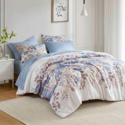 Madison Park Essentials Luna Floral Comforter Set with Bed Sheets, Blue, King