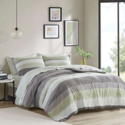 Madison Park Essentials Jaxon Stripe Comforter Set with Bed Sheets, Green, Queen