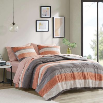 Madison Park Essentials Jaxon Stripe Comforter Set with Bed Sheets, Grey, Full