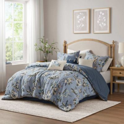 Madison Park Salara 7 Piece Vintage Floral Comforter Set, Blue, California King
