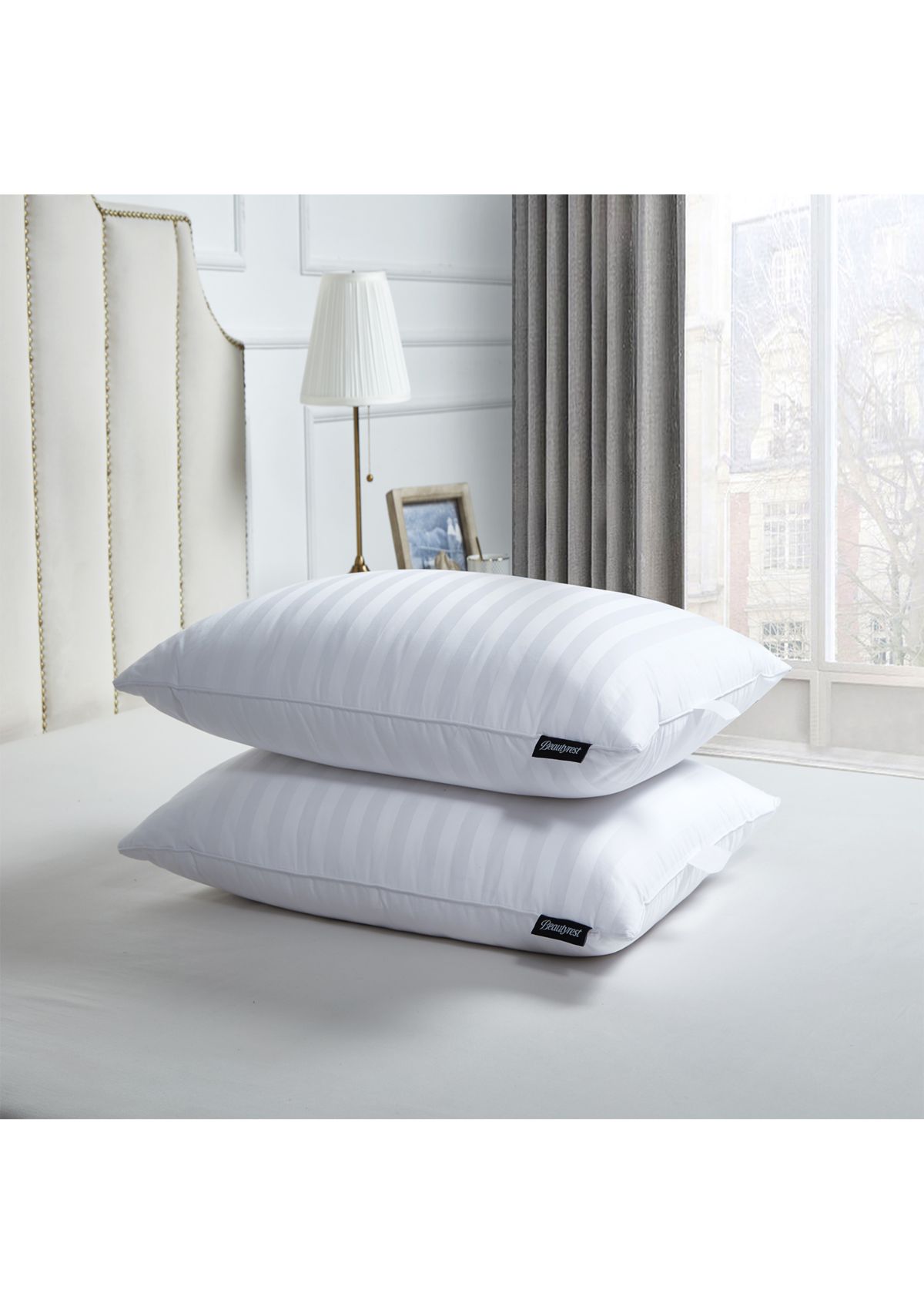500 Thread Count Damask Strip US Grown Cotton Softy-Around 95/5 Goose Feather/Down Pillow (2 Pack) - Medium Firm