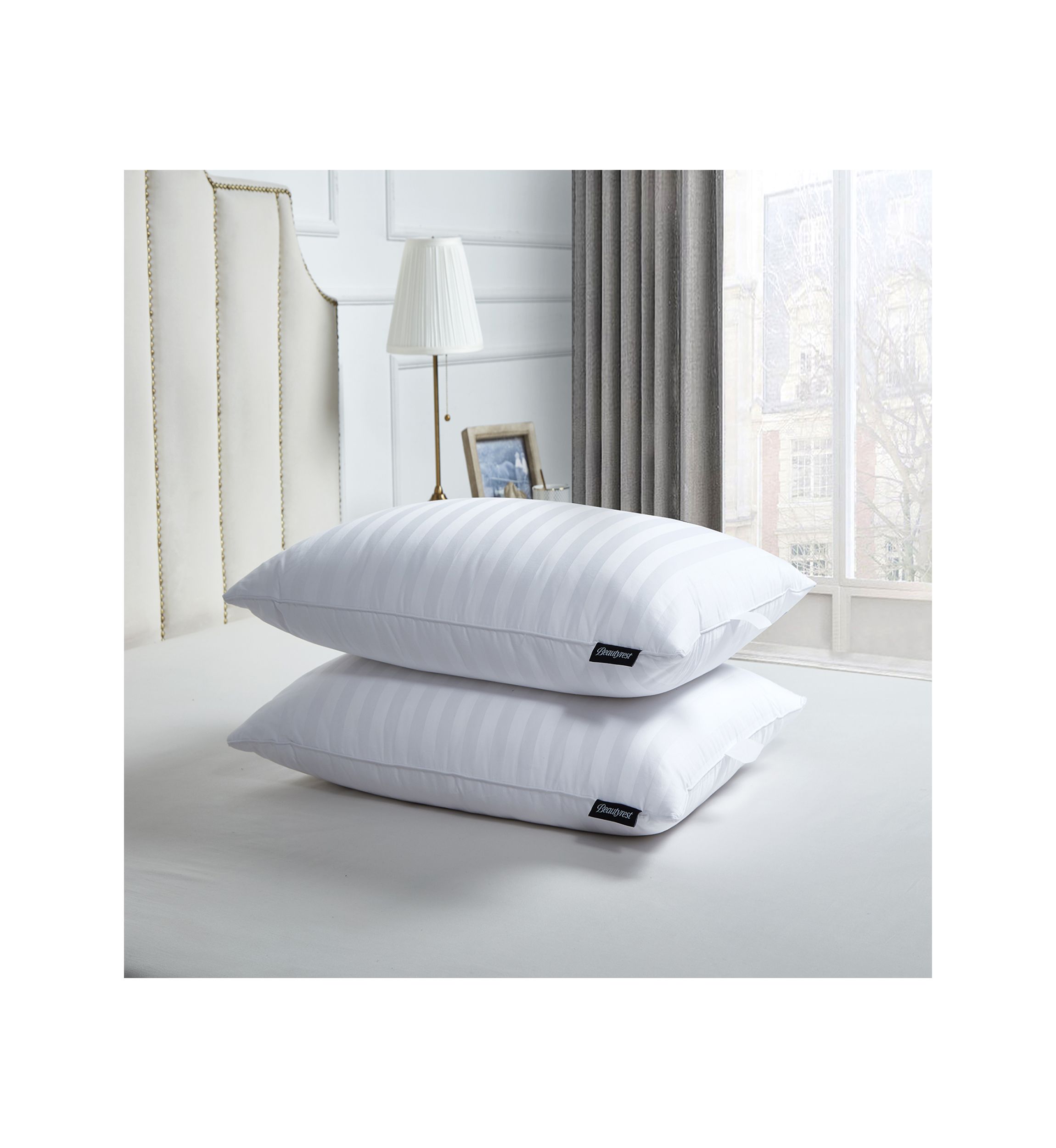 500 Thread Count Damask Strip US Grown Cotton Softy-Around 95/5 Goose Feather/Down Pillow (2 Pack) - Medium Firm