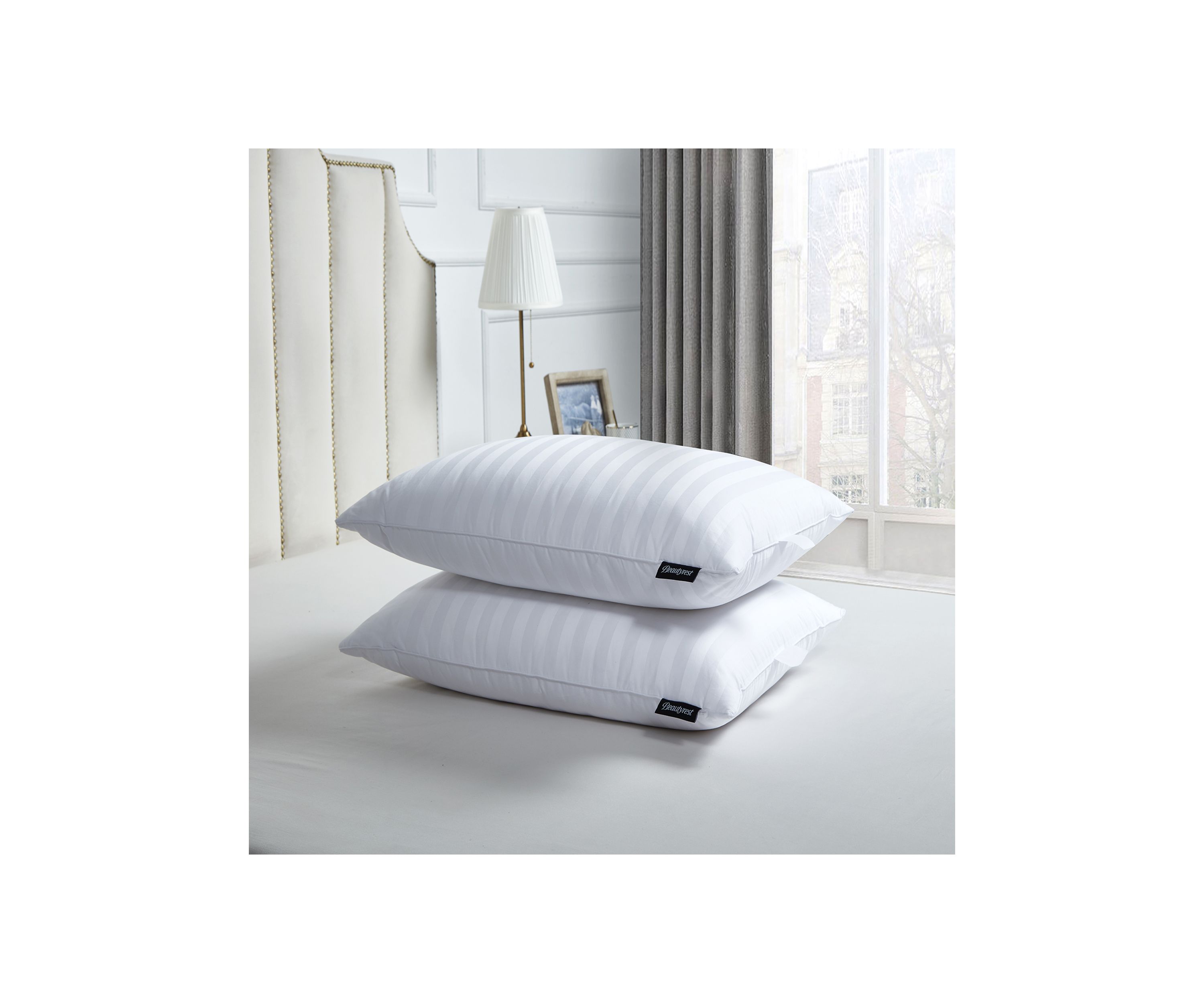500 Thread Count Damask Strip US Grown Cotton Softy-Around 95/5 Goose Feather/Down Pillow (2 Pack) - Medium Firm
