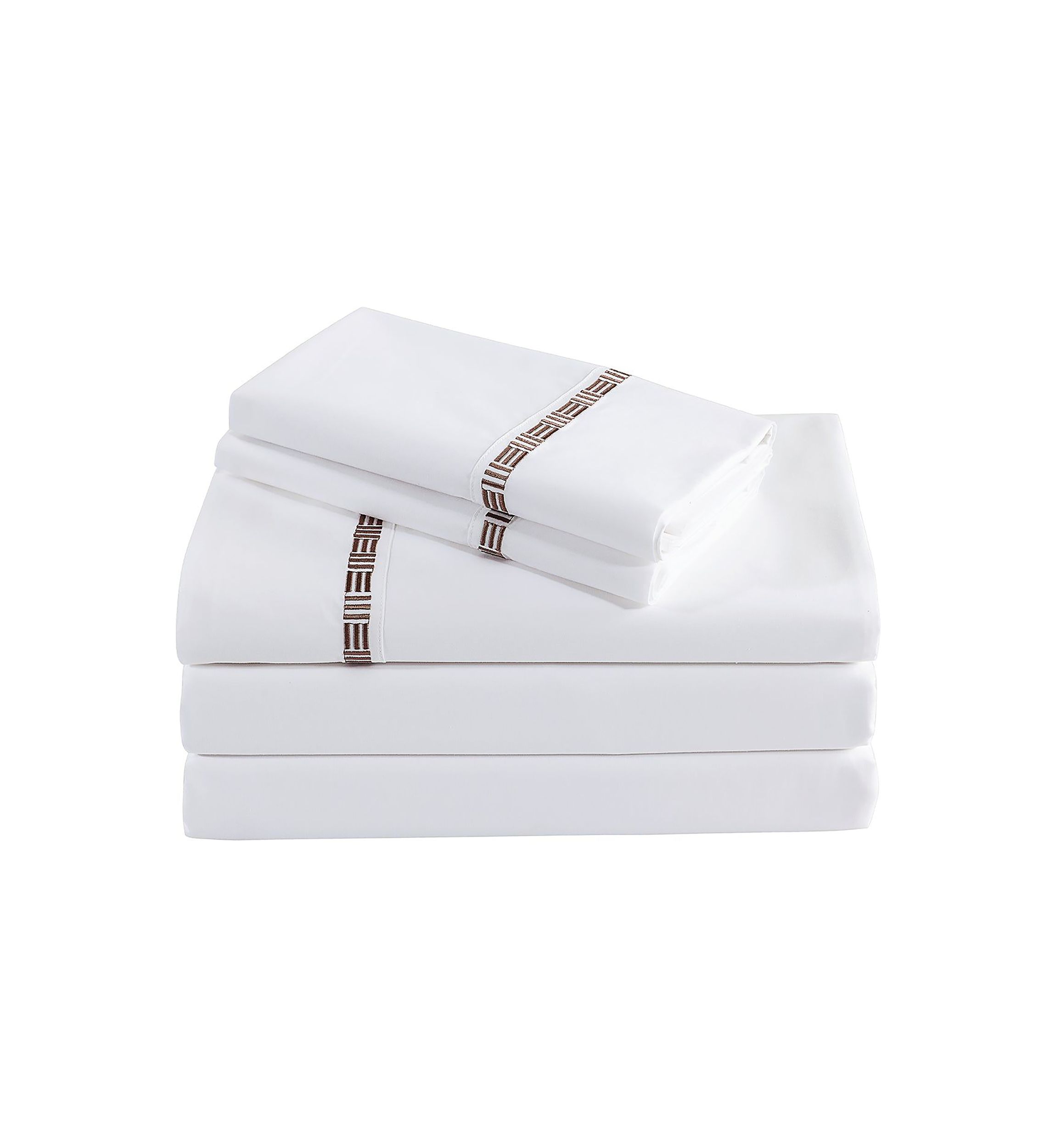 TENCEL™ Lyocell  and Cotton Blend White Cal King Sheet Set with Taupe Embroidery