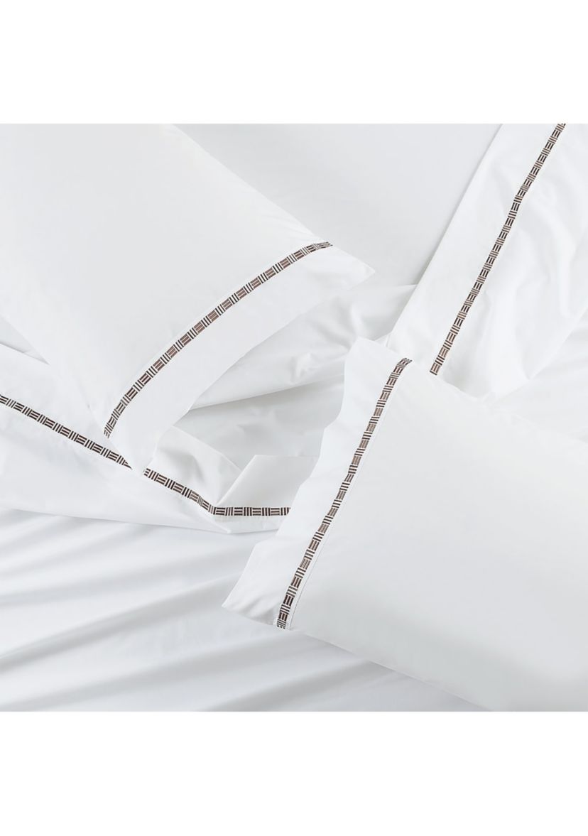 TENCEL™ Lyocell  and Cotton Blend White Cal King Sheet Set with Taupe Embroidery
