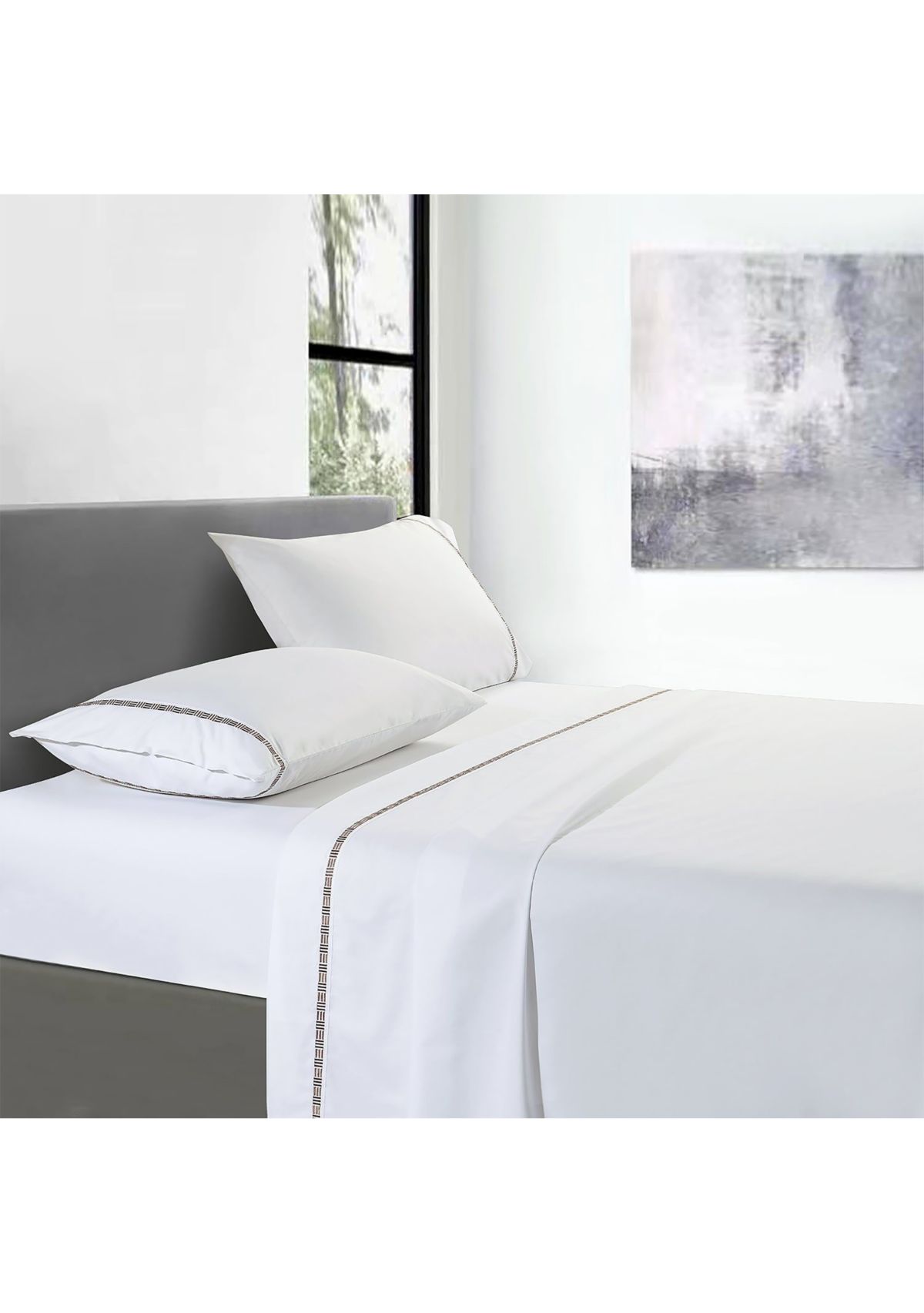 TENCEL™ Lyocell  and Cotton Blend White Cal King Sheet Set with Taupe Embroidery