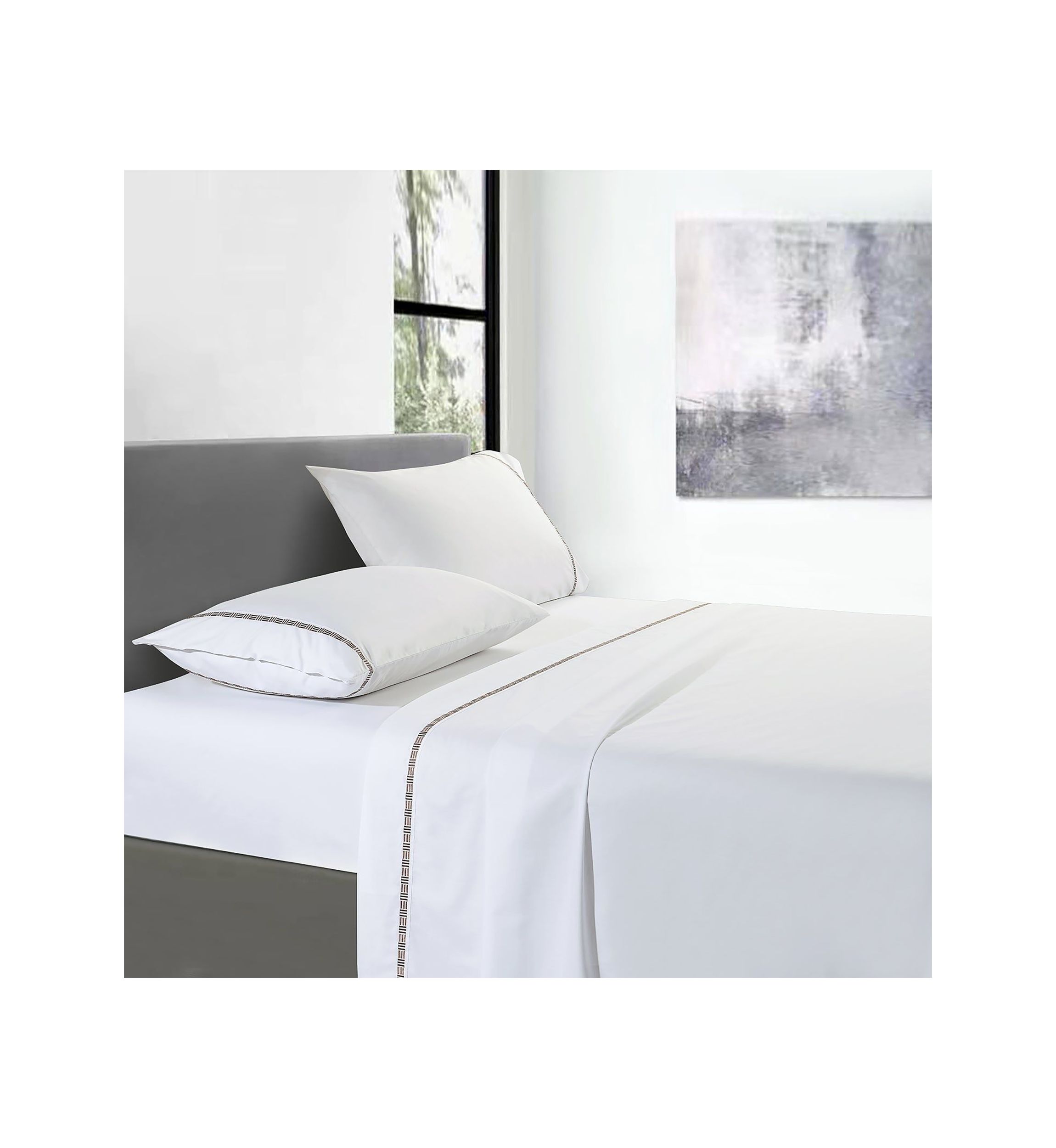 TENCEL™ Lyocell  and Cotton Blend White Cal King Sheet Set with Taupe Embroidery