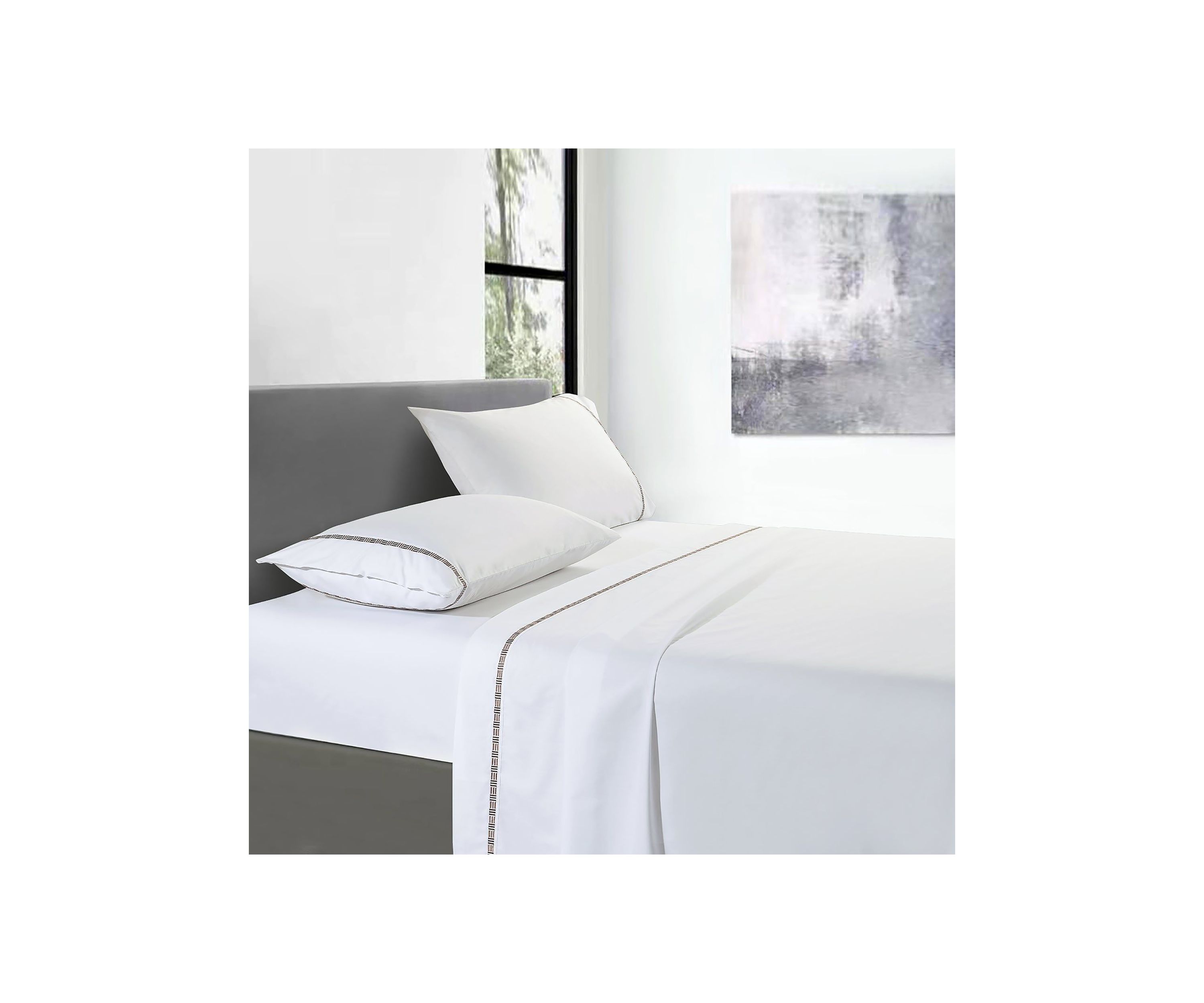 TENCEL™ Lyocell  and Cotton Blend White Cal King Sheet Set with Taupe Embroidery