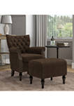 Button-Tufted Rolled Armchair and Ottoman Set in Velvet-Like Fabric