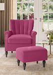 Channel Tufted Rolled Armchair and Ottoman Set in Plush Low-Pile Velour