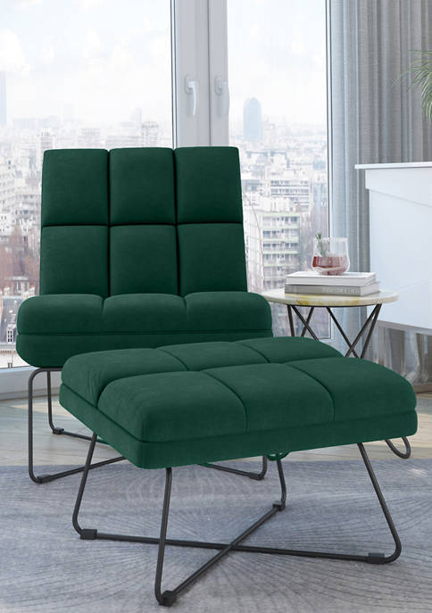 Pama Modern Biscuit-Tufted Armless Chair and Ottoman Set in Velvet
