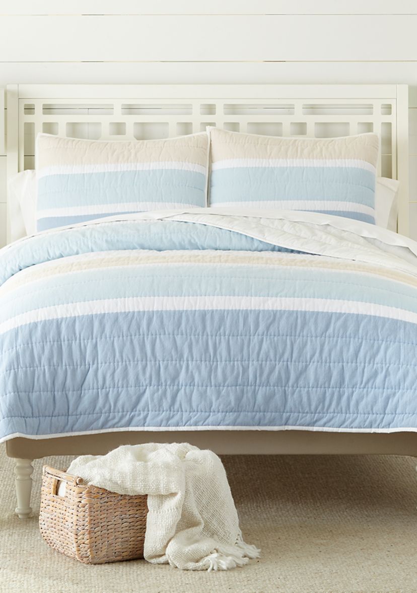 Blue Stripe Queen Quilt Set with Shams