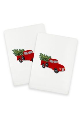 Linum Home Textiles Christmas Truck Embroidered Hand Towels (Set of 2), White