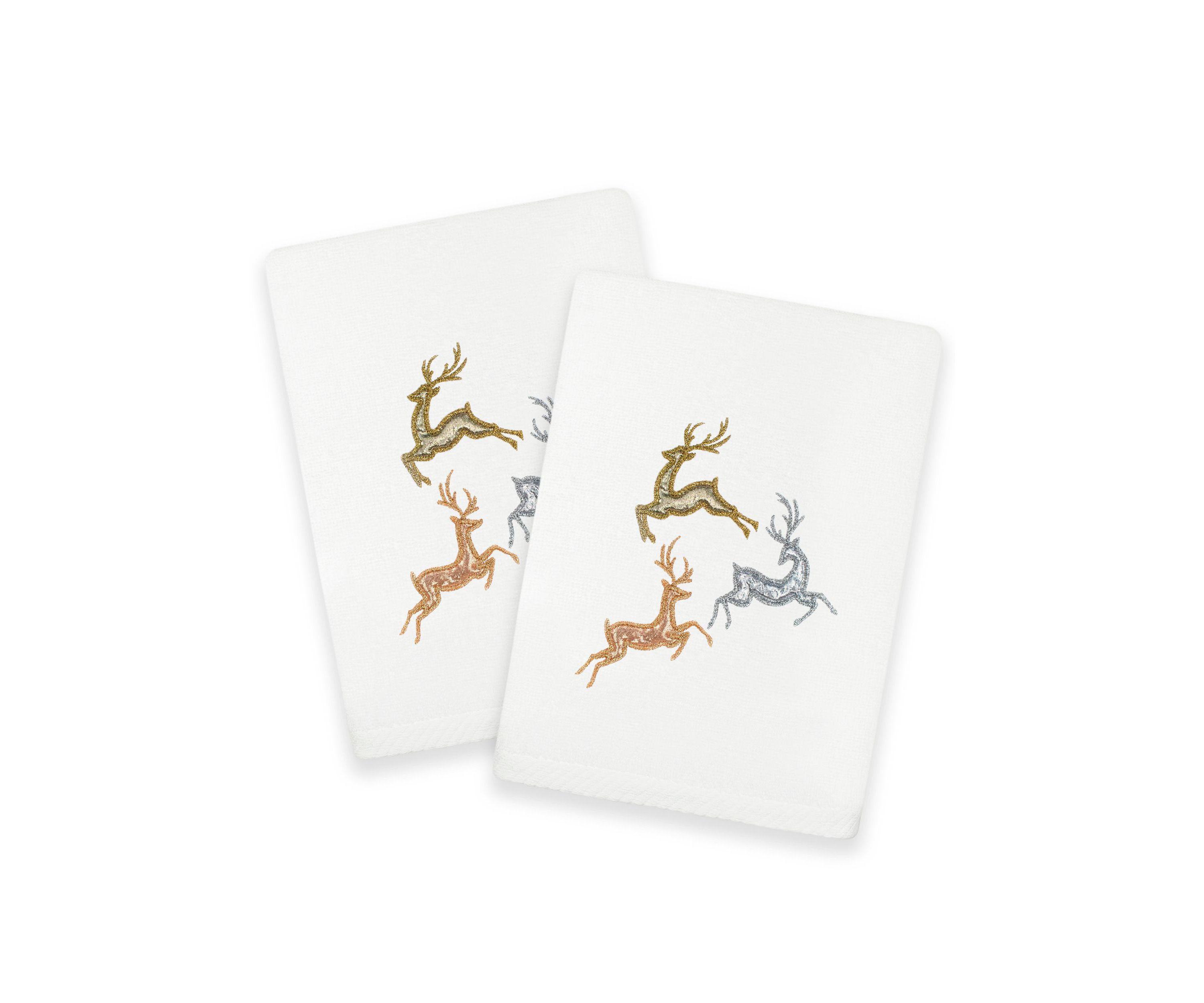 Christmas LEAPING DEER Embroidered Hand Towels (Set of 2)