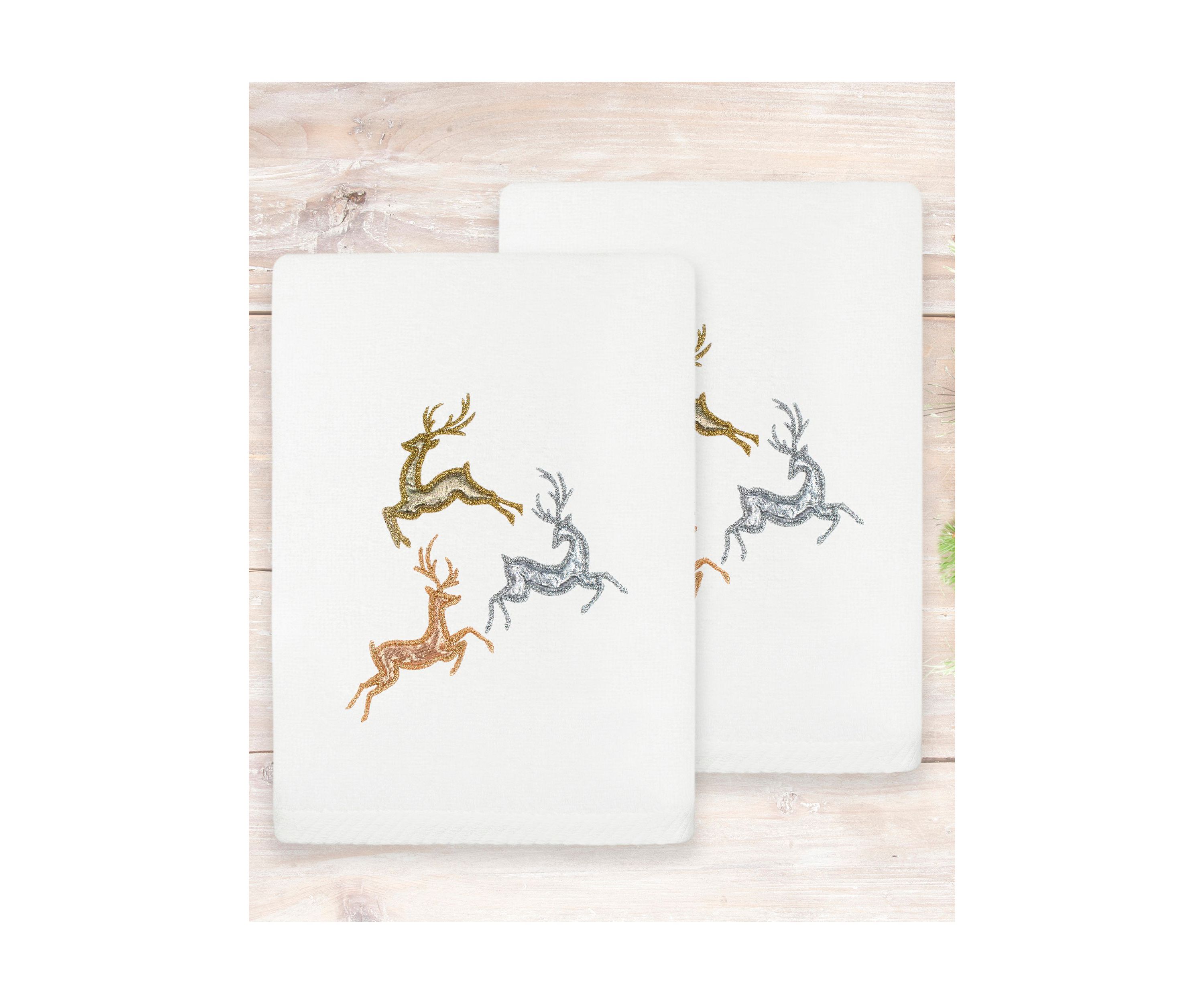 Christmas LEAPING DEER Embroidered Hand Towels (Set of 2)