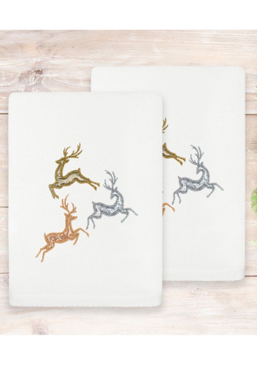 Christmas LEAPING DEER Embroidered Hand Towels (Set of 2)