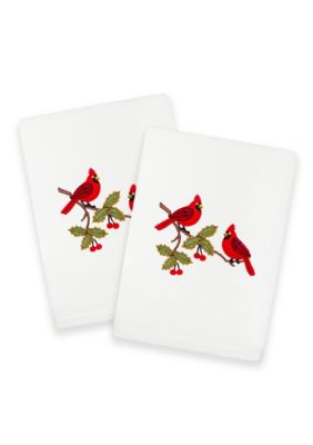 Linum Home Textiles Christmas RED PAIR Embroidered Hand Towels (Set of 2), White