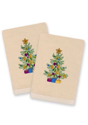 Linum Home Textiles Christmas Presents Embroidered Hand Towels (Set of 2), Sand
