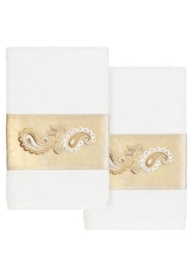 Linum Home Textiles MACKENZIE 2PC Embellished Hand Towel Set, White