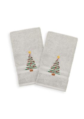 Linum Home Textiles Christmas Tree Embroidered Denzi Hand Towels Set of 2, Gray