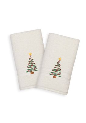 Linum Home Textiles Christmas Tree Embroidered Denzi Hand Towels Set of 2