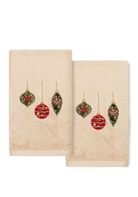 Linum Home Textiles Christmas Ornaments - Embroidered Luxury Turkish Cotton Hand Towel Set of 2, Sand