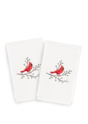 Linum Home Textiles Christmas Cardinal - Embroidered Luxury Turkish Cotton Hand Towel Set of 2, White