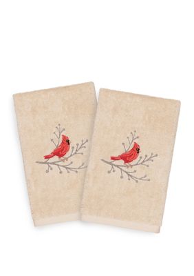 Linum Home Textiles Christmas Cardinal - Embroidered Luxury Turkish Cotton Hand Towel Set of 2, Sand