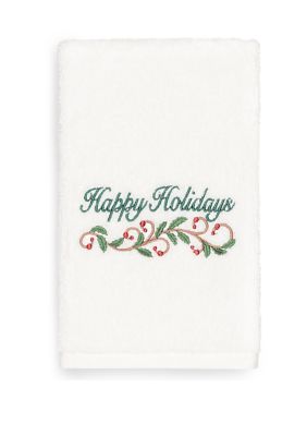 Linum Home Textiles Christmas Happy Holidays - Embroidered Luxury Turkish Cotton Hand Towel, White