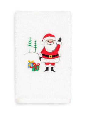 Linum Home Textiles Christmas Santa Waving - Embroidered Luxury Turkish Cotton Hand Towel, White