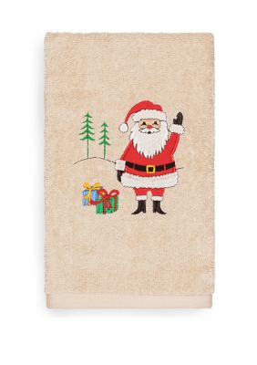 Linum Home Textiles Christmas Santa Waving - Embroidered Luxury Turkish Cotton Hand Towel, Sand
