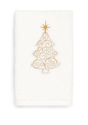 Linum Home Textiles Christmas Scroll Tree Embroidered Luxury Turkish Cotton Hand Towel, White