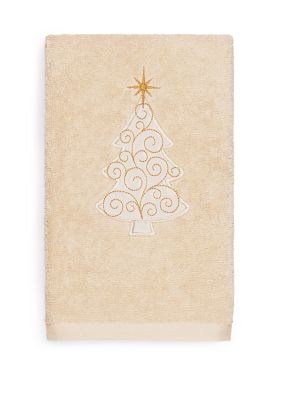 Linum Home Textiles Christmas Scroll Tree Embroidered Luxury Turkish Cotton Hand Towel, Sand