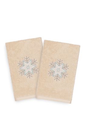 Linum Home Textiles Christmas Crystal Embroidered Luxury Turkish Cotton Hand Towel Set of 2, Sand