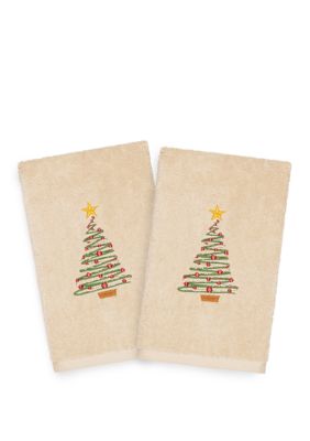 Linum Home Textiles Christmas Tree Embroidered Luxury Turkish Cotton Hand Towel, Sand