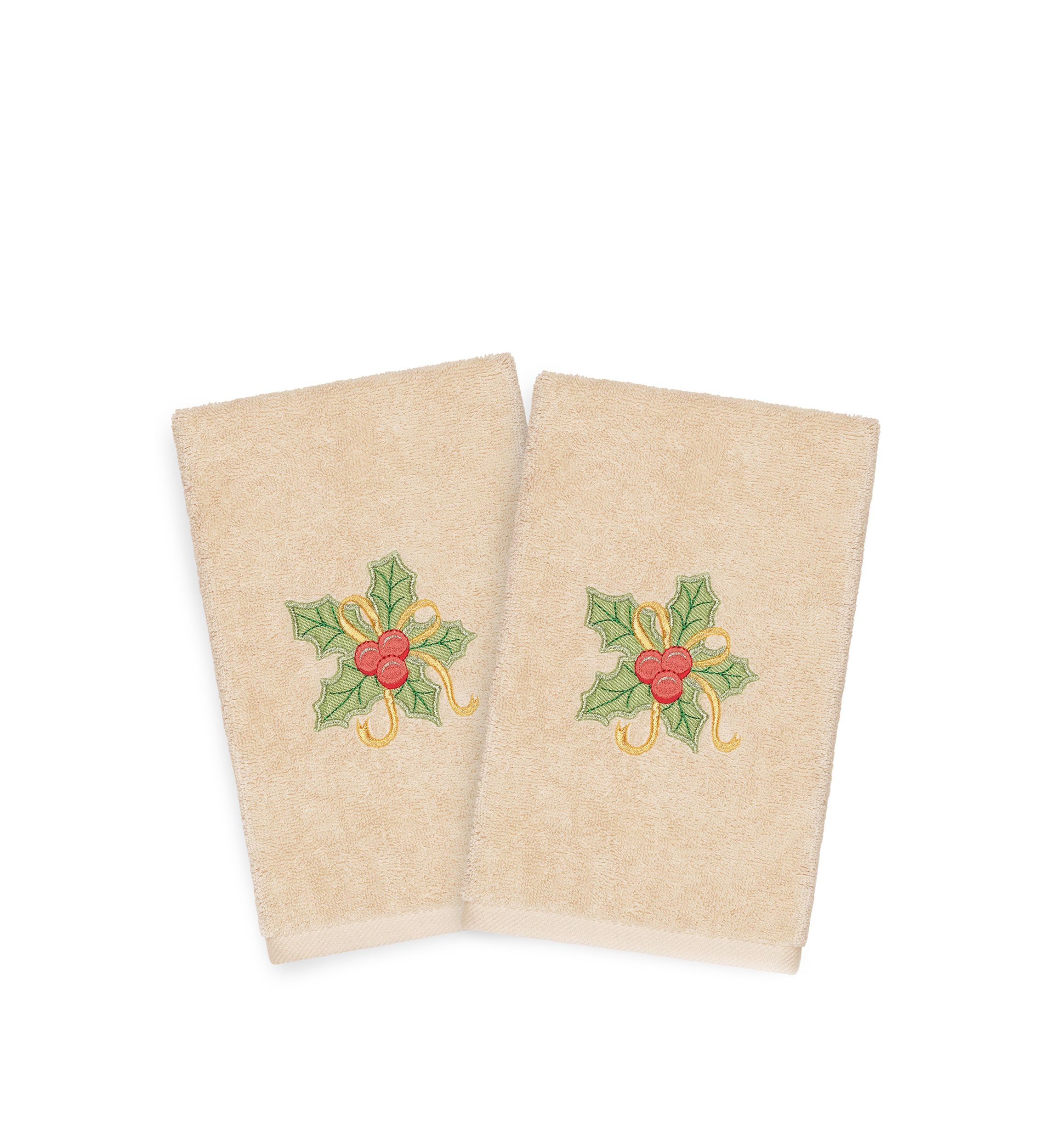 Christmas Holly Bunch Embroidered Luxury Turkish Cotton Hand Towel Set of 2