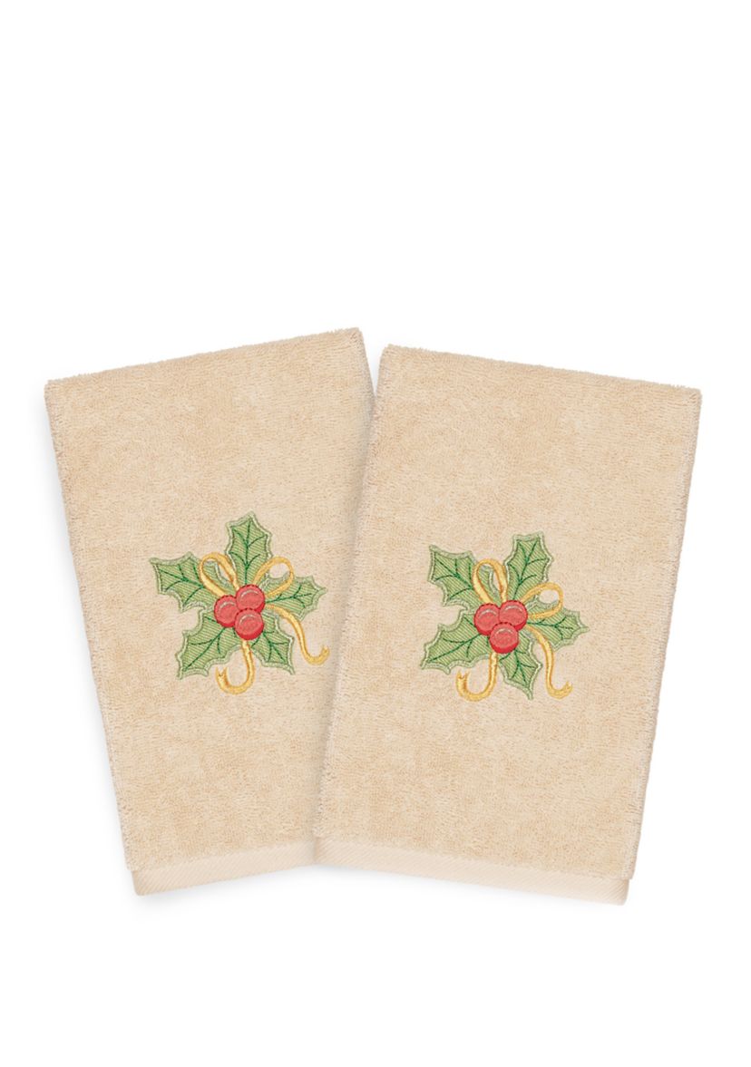Christmas Holly Bunch Embroidered Luxury Turkish Cotton Hand Towel Set of 2
